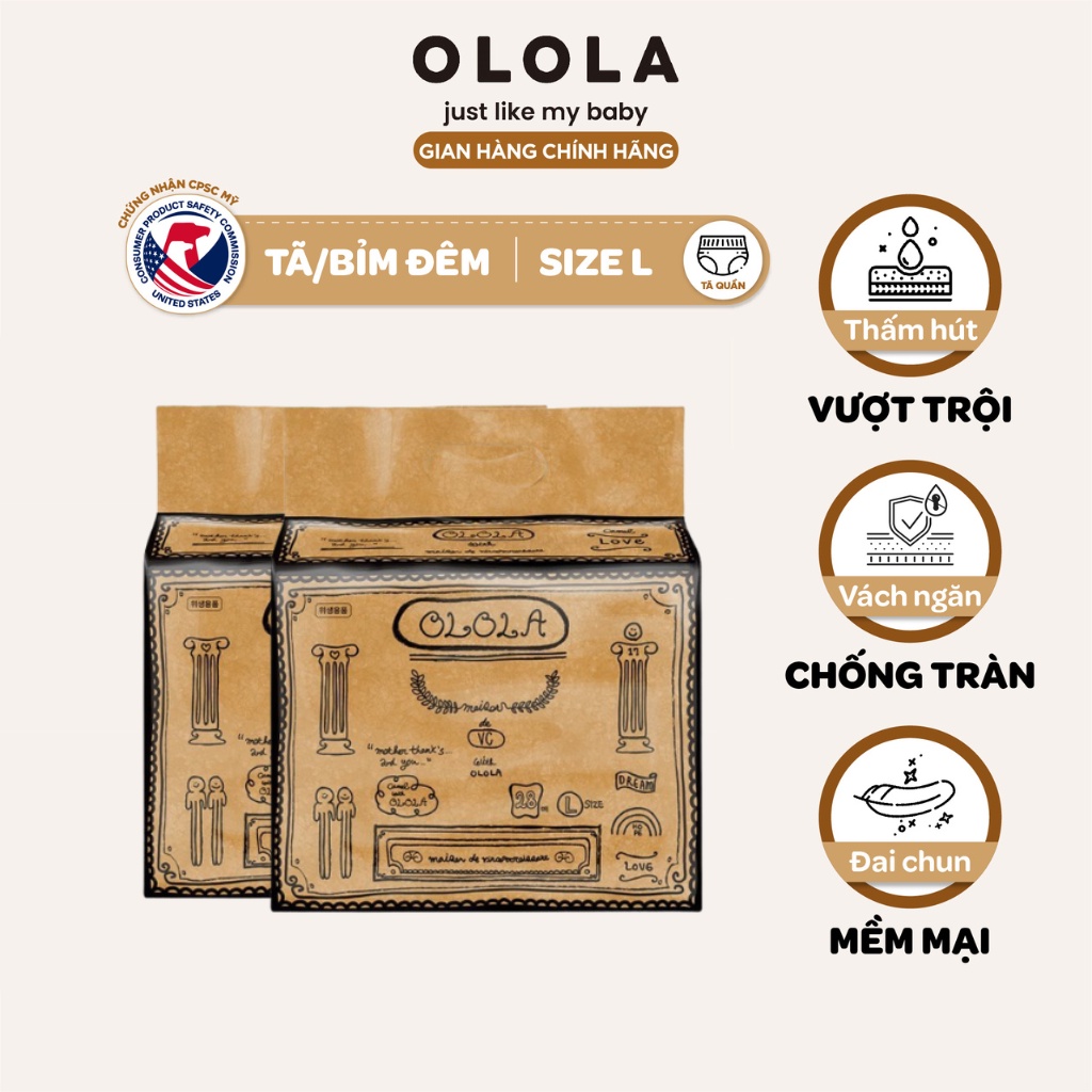 Combo 2 Tã Ban Đêm OLOLA Size L Thấm Hút Nhanh, Chống Tràn, Chun Co Giãn, Cho Bé Ngủ Ngon Sâu Giấc