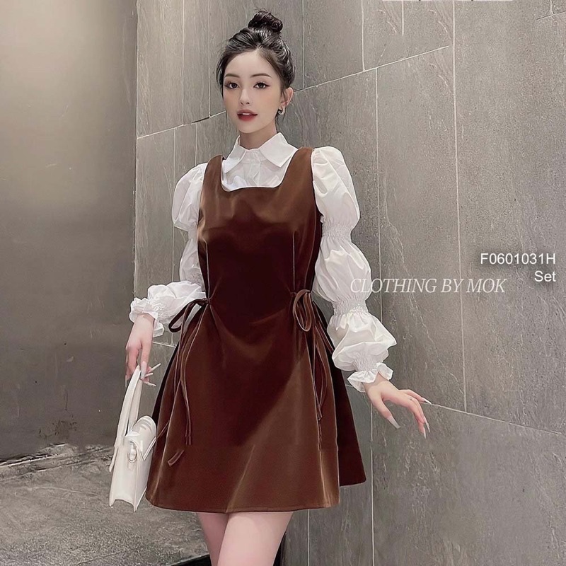 Set áo sơ mi trắng tay dài phối đầm yếm nhung 2 dây cột nơ VIENS STORE