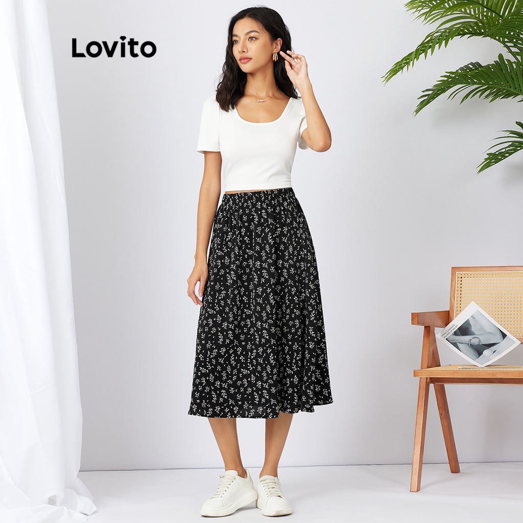 Lovito Giản dị Ditsy Floral A-line Thun eo Chân váy Midi L21AS032 (Đen)