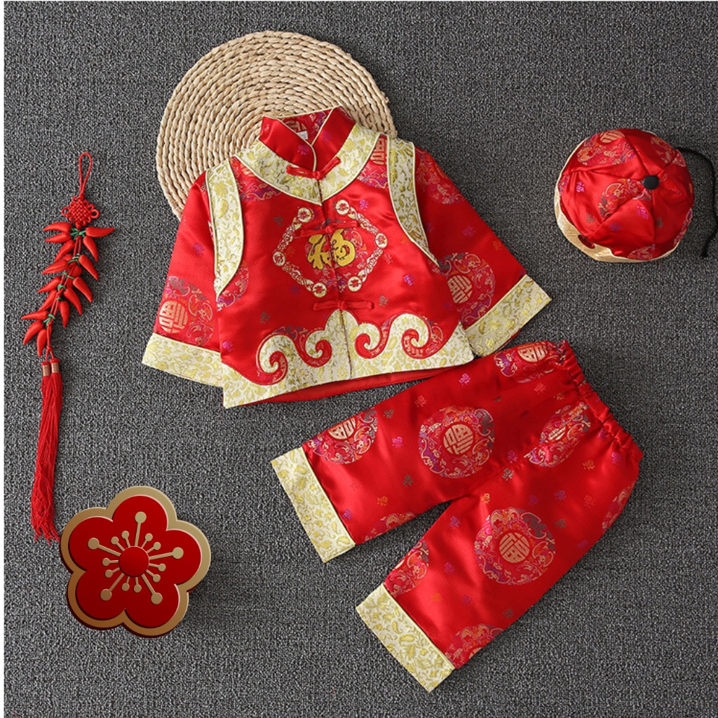 Đồ tết bé trai kèm nón vải gắm thêu hoa văn