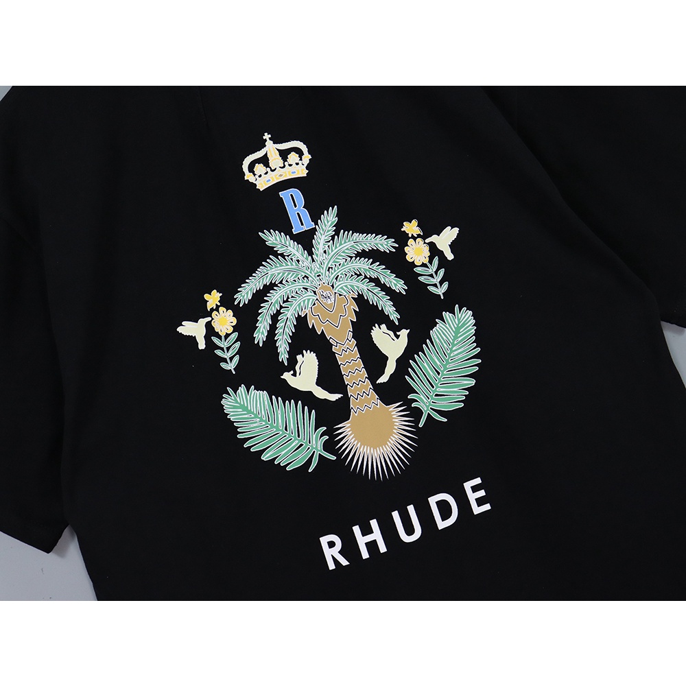 RHUDE Vintage Floral Letter Bird Logo Couple Casual Cotton Short Sleeve T-Shirt