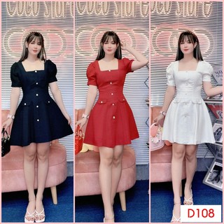 D108 - ĐĐẦM DẠO PHỐ, ĐẦM CỔ VUÔNG NÚT NGỌC TRAI TAY PHÒNG VỚI TONE MÀU XINH XẮN