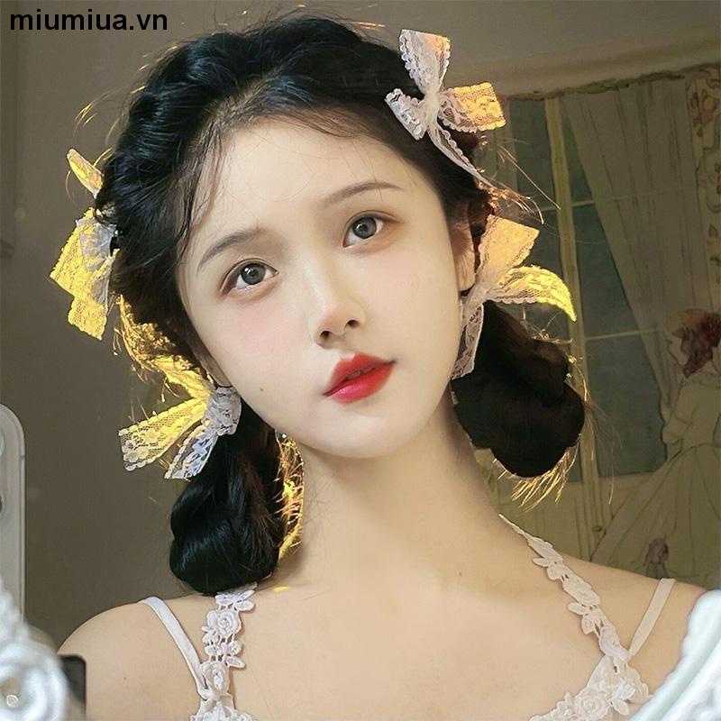 miumiuaKẹp tóc thắt nơ bằng vải ren màu trắng đơn giản dễ thương dành cho nữ