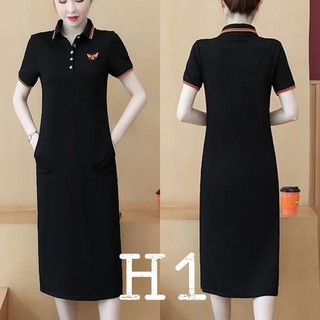 Đầm thun suông cổ Polo, ngắn tay, 2 túi hông tiện lợi (45kg-80kg)