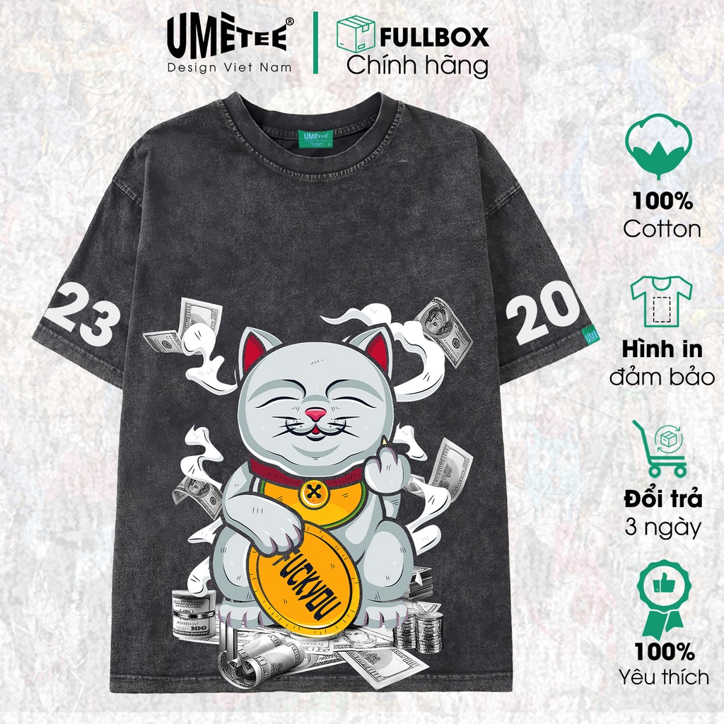Áo thun wash xám basic tay lỡ unisex in hình mèo thần tài cực chất Umetee cotton form rộng oversize phong cách Nhật Bản