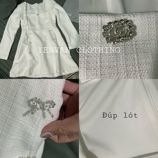 ĐẦM DẠ TRẮNG CỔ VUÔNG ĐÍNH ĐÁ NƠ ( ẢNH THẬT )