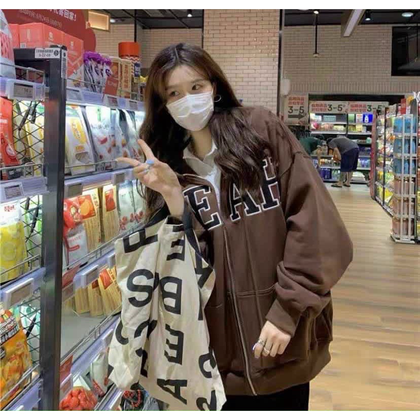 Áo khoác nỉ dây kéo in chữ màu NÂU hot hit Ulzzang unisex