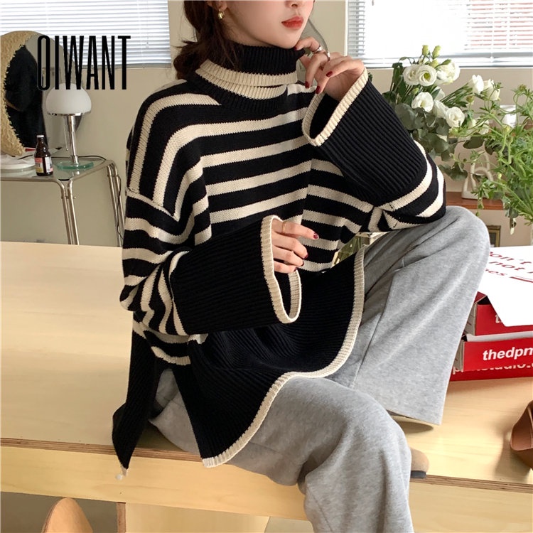 Áo Sweater Dệt Kim Tay Dài Dáng Ôm In Họa Tiết Kẻ Sọc Thời Trang 2023 Cho Nữ