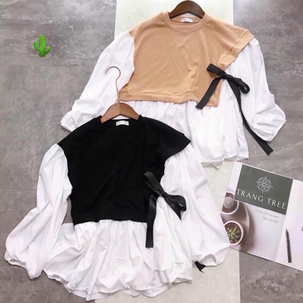 Áo babydoll Phối Màu Cột Nơ Siêu Dể Thương