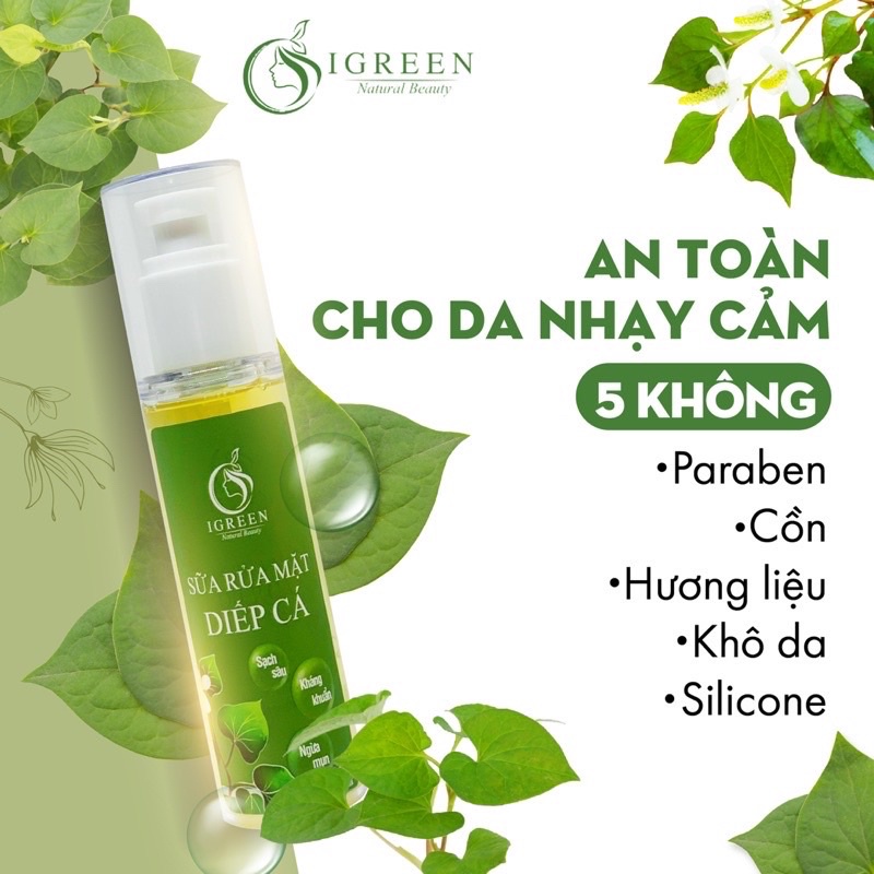 SỮA RỬA MẶT DIẾP CÁ GIẢM MỤN, THÂM, SÁNG DA, pH 5.5 - IGREEN