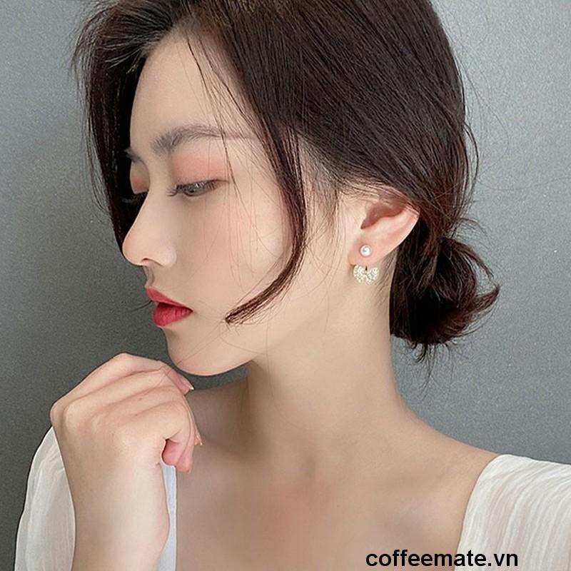 【coffeemate】⚡ Khuyên tai mạ bạc 925 hình nơ phối ngọc trai nhân tạo đơn giản phong cách Hàn Quốc bông tai nữ