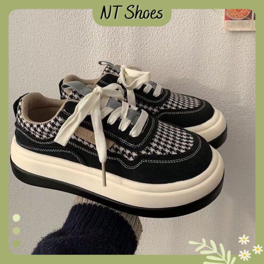 Giày sneaker thể thao nữ vải canvas họa tiết Houndstooth đế bánh mì G23_NT Shoes