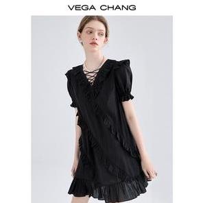 Váy ngắn tay phồng màu đen thiết kế mới xuân hè 2023 váy hàng ngày váy đi chơi V4