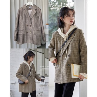Áo khoác blazer kẻ caro vintage chất dạ có lót - AK578
