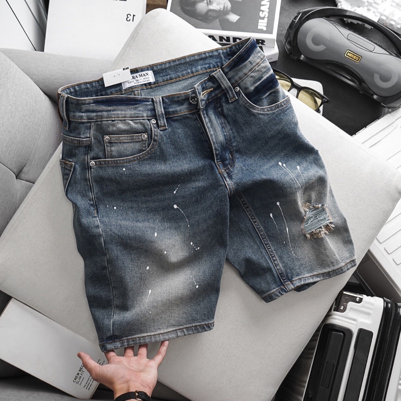 Quần Short Jean Nam in sơn xanh cực đẹp, jean xịn co giãn thoải mái, ôm gọn dáng