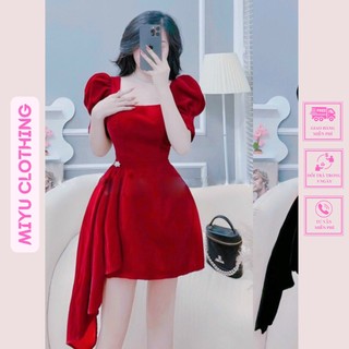 Đầm tết cao cấp sang trọng váy tết noel xinh nhung đỏ cổ vuông Miyuclothing