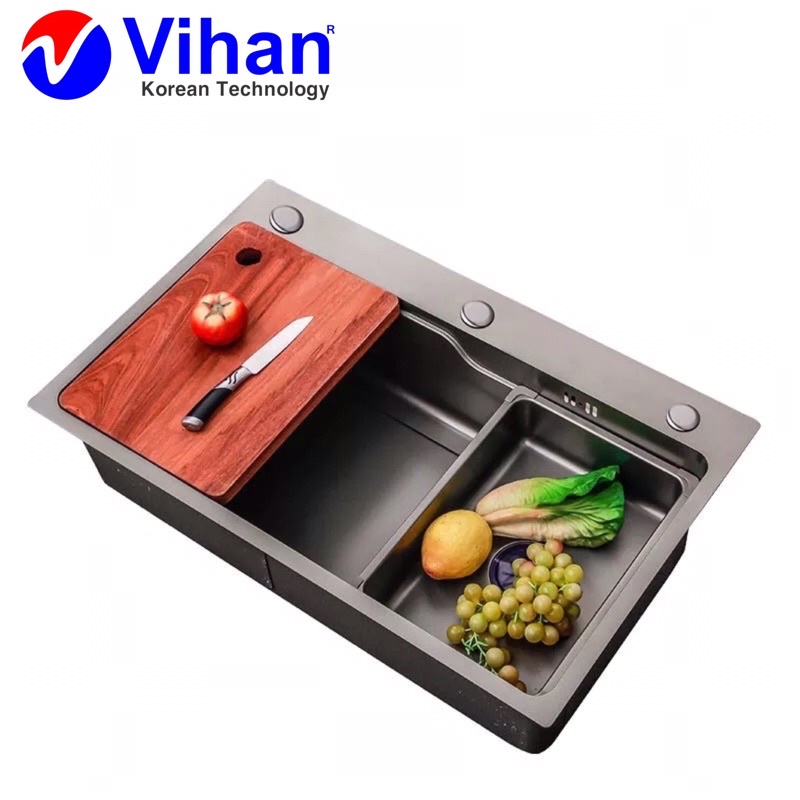Bồn rửa chén bát 1 ngăn lớn Nano đen kèm vòi rút -  thác ngang,  khay rửa