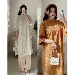 AD8256 Áo dài nhung thêu hoa tặng kèm mấn kèm quần lụa cạp chun freesize AUDREY