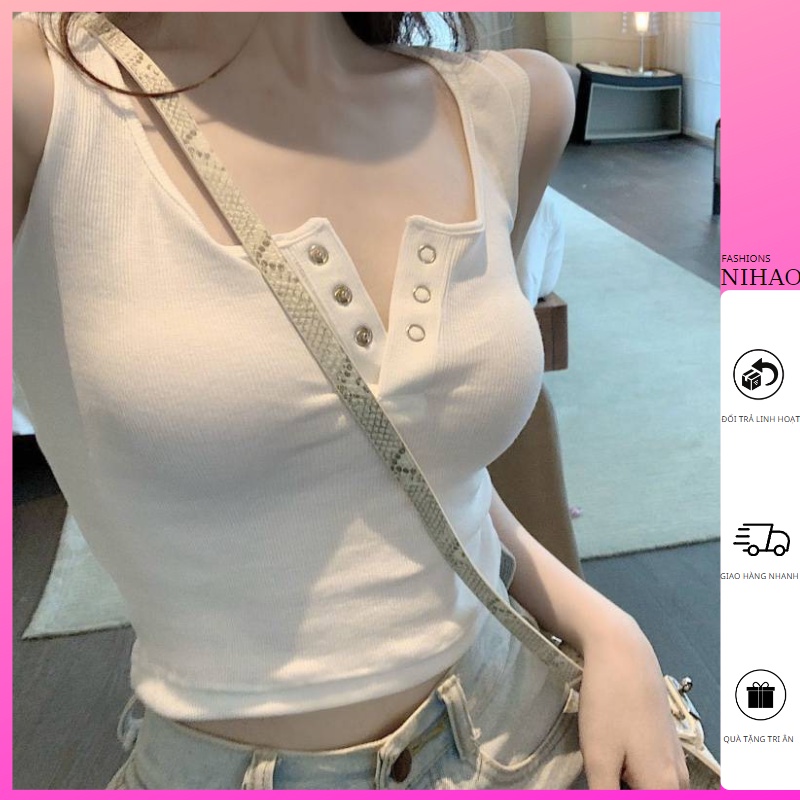Áo Croptop Ba Lỗ Nữ Nihao Mẫu Sát Nách Cổ Vuông Cúc Bấm Thun Gân Chất Tốt, Áo Nữ Kiểu Mặc Đẹp Dễ Phối Đồ
