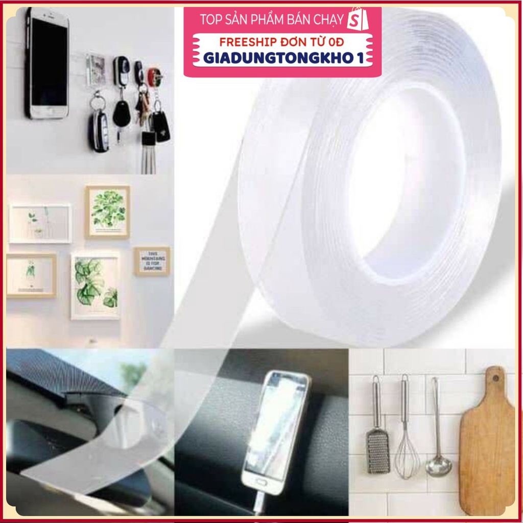 Băng Dính Nano Dán 2 Mặt Trong SuốtGIADUNGTONGKHO1Băng Keo 2 Mặt Đa Năng Dán Tường, Cố Định Thảm, Treo Tranh
