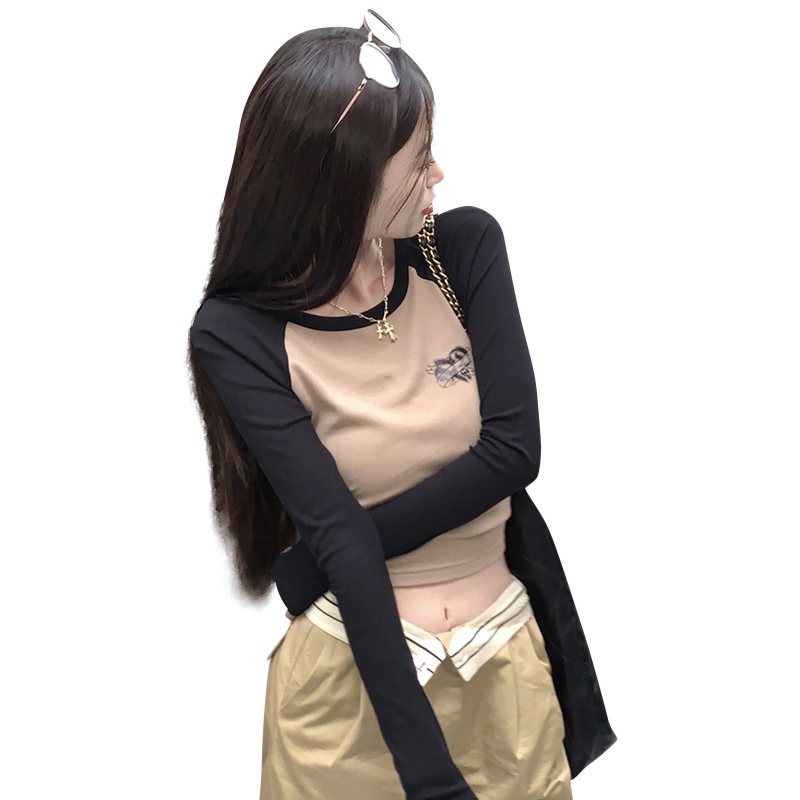 Áo Thun Tay Ngắn Dáng Ôm In Họa Tiết Màu Sắc Tương Phản Thời Trang Mùa Thu