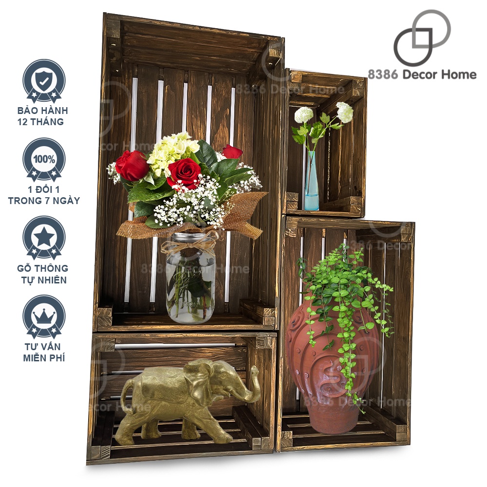 Pallet kệ, hộp trang trí decor màu nâu rustic (gỗ thông tự nhiên sơn màu gốc nước)