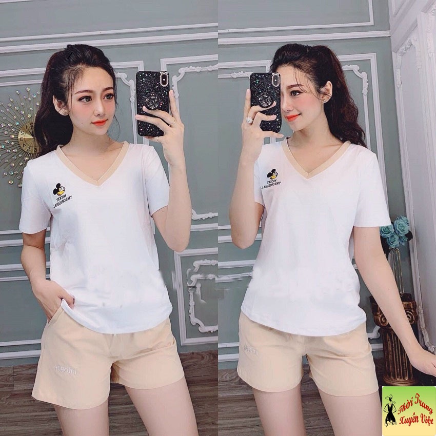 set bộ quần đùi áo CỔ TIM tay cọc được làm từ vải thun 4 chiều phù hợp mặc nhà mặc đi chơi freesize dưới 60kg