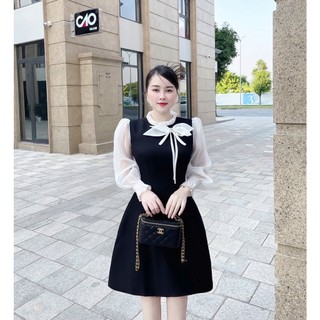 Váy phối tơ 2 nơ ngực vải tuyết mưa đen- đỏ bigsize 55-95kg