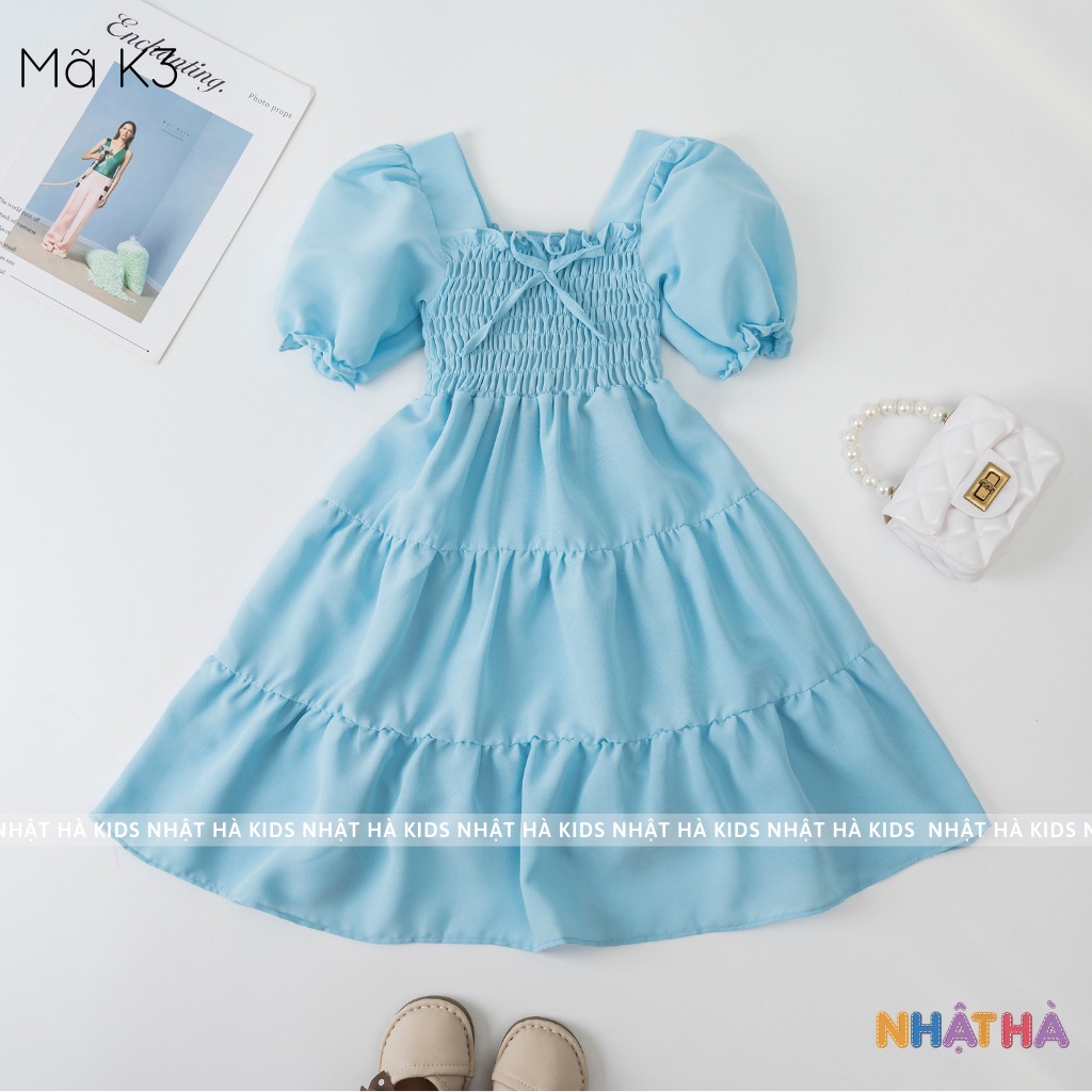 Váy bé gái NHẬT HÀ chất lụa cát thiết kế bo chun dáng xòe công chúa siêu điệu size đại từ 11-45kg