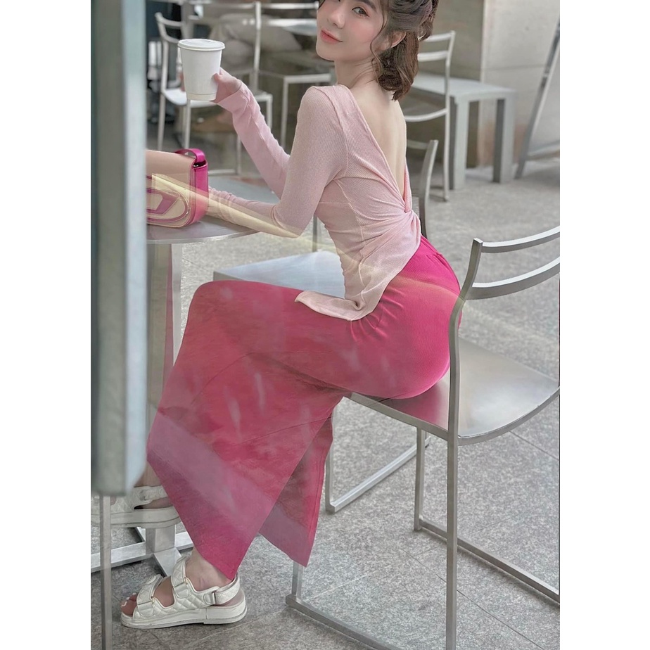 Set áo xoắn lưng vạt xéo phối chân váy đuôi cá có mút ngực- Ringu shop