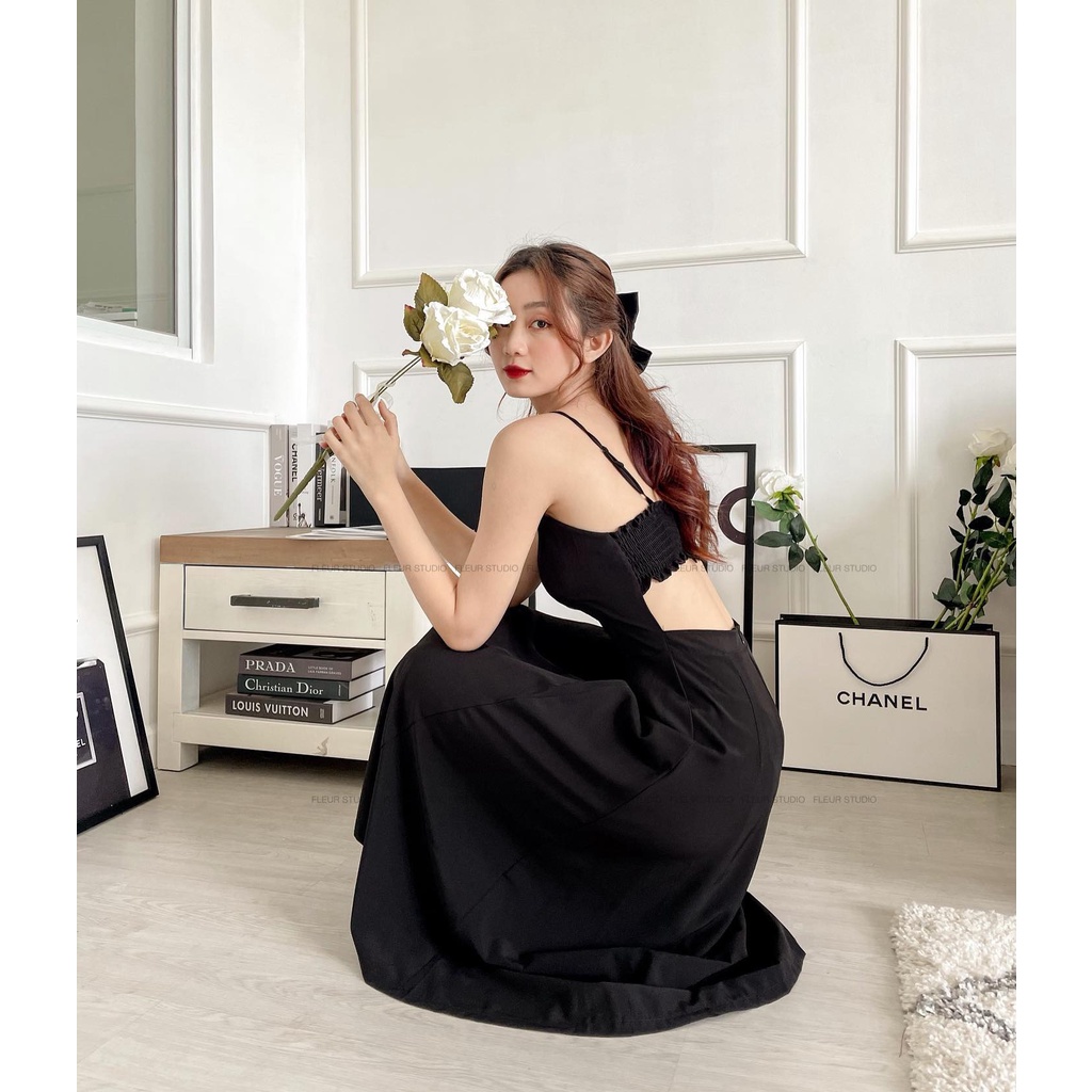 Đầm 2 dây đen maxi đi biển, Váy hai dây hở lưng Cao Cấp form vintage dáng xòe, có sẵn mút ngực MiNhi Fashion