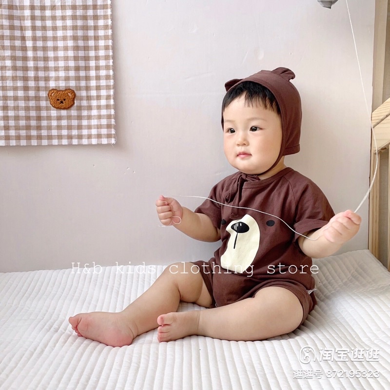 Set body mặt gấu kèm mũ đáng yêu cho bé từ 3-10kg, chất cotton tàu xịn mềm mịn thấm hút mồ hôi