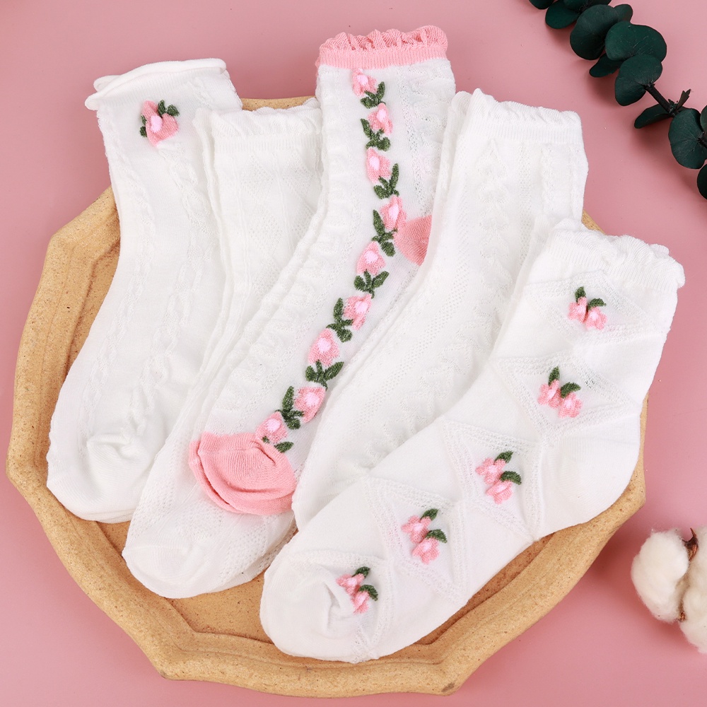 Bộ 5 Đôi Vớ Cotton Mềm Mại Thoáng Khí Chống Trượt Thêu Hoa Phong Cách Lolita Ngọt Ngào