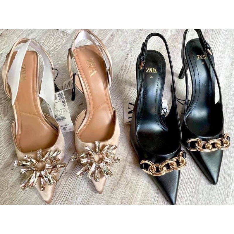 Giày 9cm mũi nhọn phối dây xích xuất ZR full box MS-7164