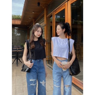 Áo thun crop tanktop - 291 - cổ xẻ - đệm vai