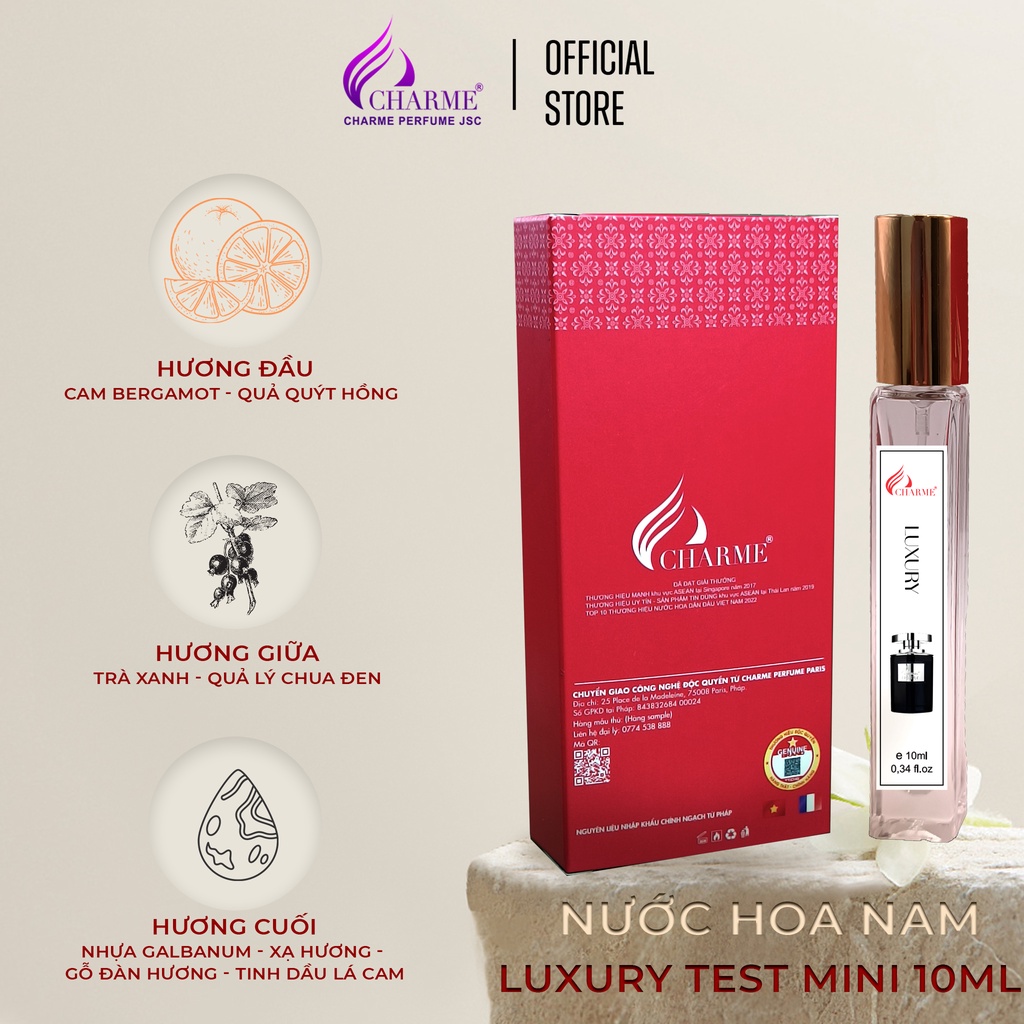 Nước hoa nam cao cấp, Charme Luxury, chai Test mini, nước hoa lưu hương lâu, hương mát lạnh pha nồng ấm, 10ml