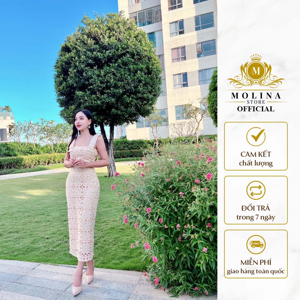 Đầm Maxi Ren 2 Dây Dáng Ôm Body Thiết Kế Molina Đính Đá Nơ Vai Nữ Tính Quyến Rũ, Phù Hợp Đi Tiệc Sang Trọng