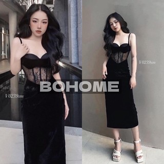 Đầm nhung dây coset phối lưới- KHOSIBOHOME