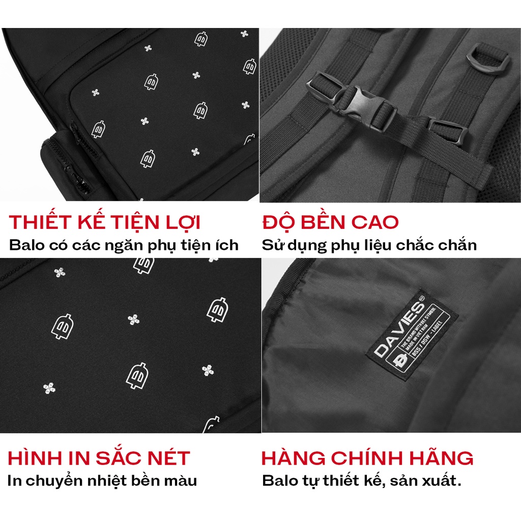 Balo đi học nữ nam màu đen họa tiết local brand Davies Special Backpack| D-P48