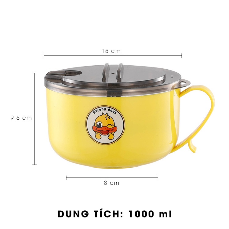 Tô ăn mì - Bát inox có nắp đậy dung tích 1 lít họa tiết vịt vàng