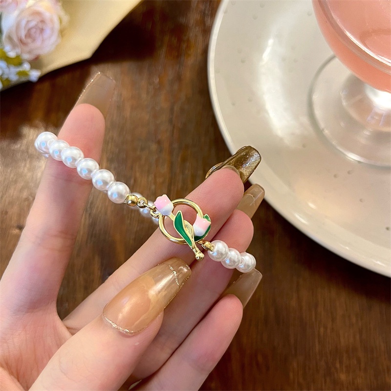 Vòng Tay Chuỗi Hạt Ngọc Trai Mặt Hoa Tulip Thanh Lịch Phong Cách Hàn Quốc Cho Nữ