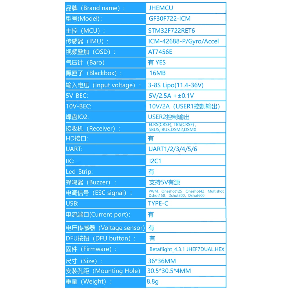 Mạch ĐiềU KhiểN Bay ĐiềU KhiểN Bay JHEMCU GF30F722-ICM F722 OSD 5V 10V 3-8S Cho Drone HD DIY 30.5X30.5mm