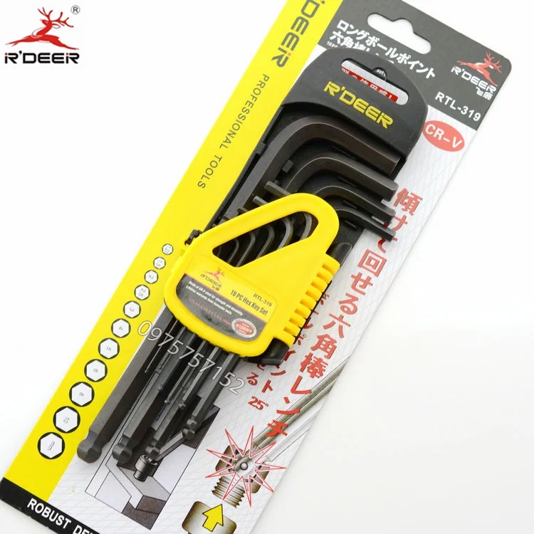 Bộ lục giác đầu bi 10 món dài R’DEER RTL-319, bộ khóa lục giác bi thép cứng cao cấp CR-V cao cấp xử lý đen bề mặt
