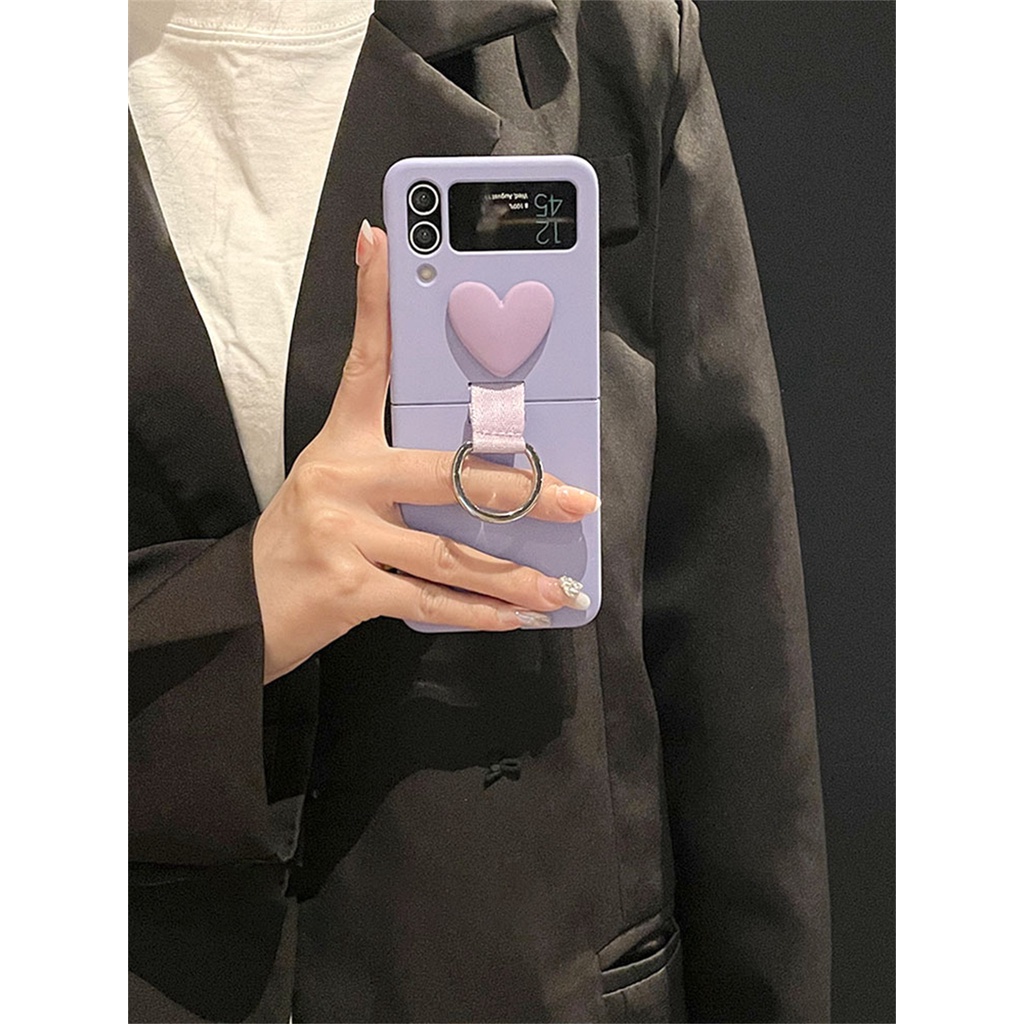 Ốp Điện Thoại Màu Trơn Có Vòng Đỡ Hình Trái Tim 3D Sang Trọng Cho Samsung Galaxy Z Flip 3 4 5G Z Flip3 Flip4 Zflip4
