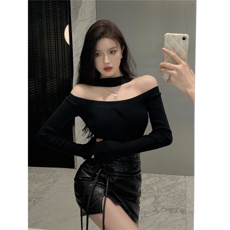 Áo dệt kim tay dài hở vai thời trang cho nữ