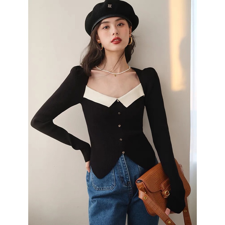 [ẢNH THẬT-CÓ SẴN] Áo len cổ bẻ phối màu Freesize&lt;58kg