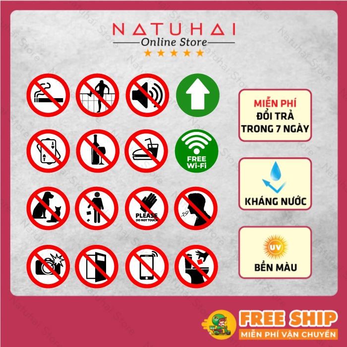 Decal Dán Kính 2 Kích Thước Thông Dụng Cấm Hút Thuốc, Cấm Xả Rác, Không Làm Ồn, Cấm Thú Cưng, Chỉ Hướng, Miễn Phí Wifi