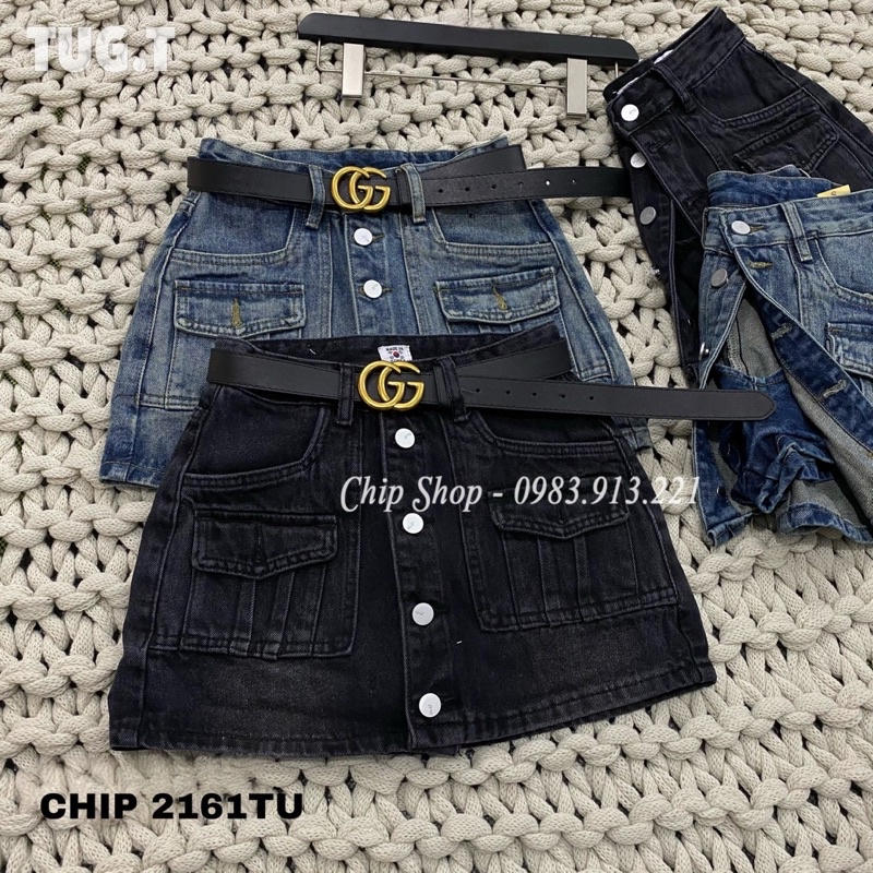 Chân váy jean có quần bên trong kèm belt GG đủ size 2161TU
