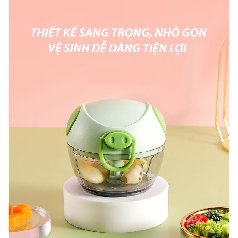 Máy xay tỏi ớt, máy xay mini kéo tay hình heo đa năng kéo dây tiện lợi