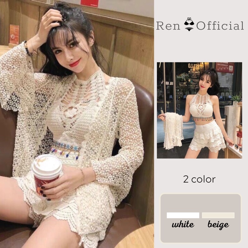 29-Set 3 món ren đi biển - áo bra cổ yếm tua rua ngọc + quần ren tầng + choàng ren tay loe (có tách rời)